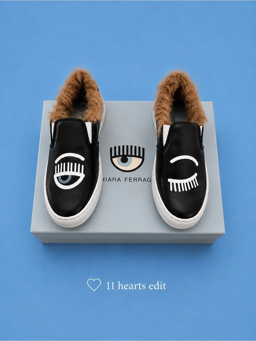 Chiara Ferragni Flirting Eye Fur-Lined Leather Slip-On Sneakers 38/7.5 - 8